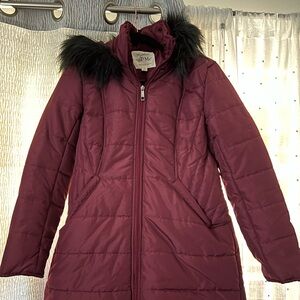 Winter Jacket. Double lined Chardonnay with black faux fur trim